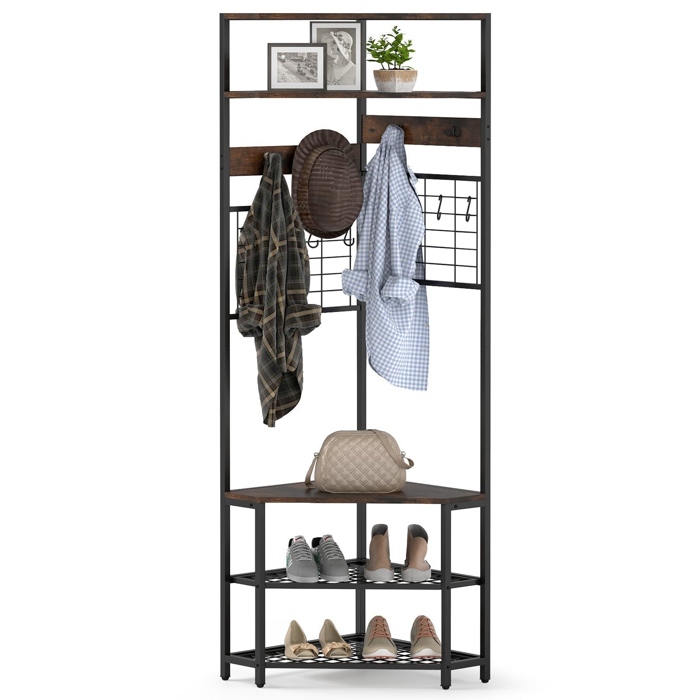 Corner Hall Tree 5-Tier Coat Rack with Shoe Storage Bench-Rustic Brown