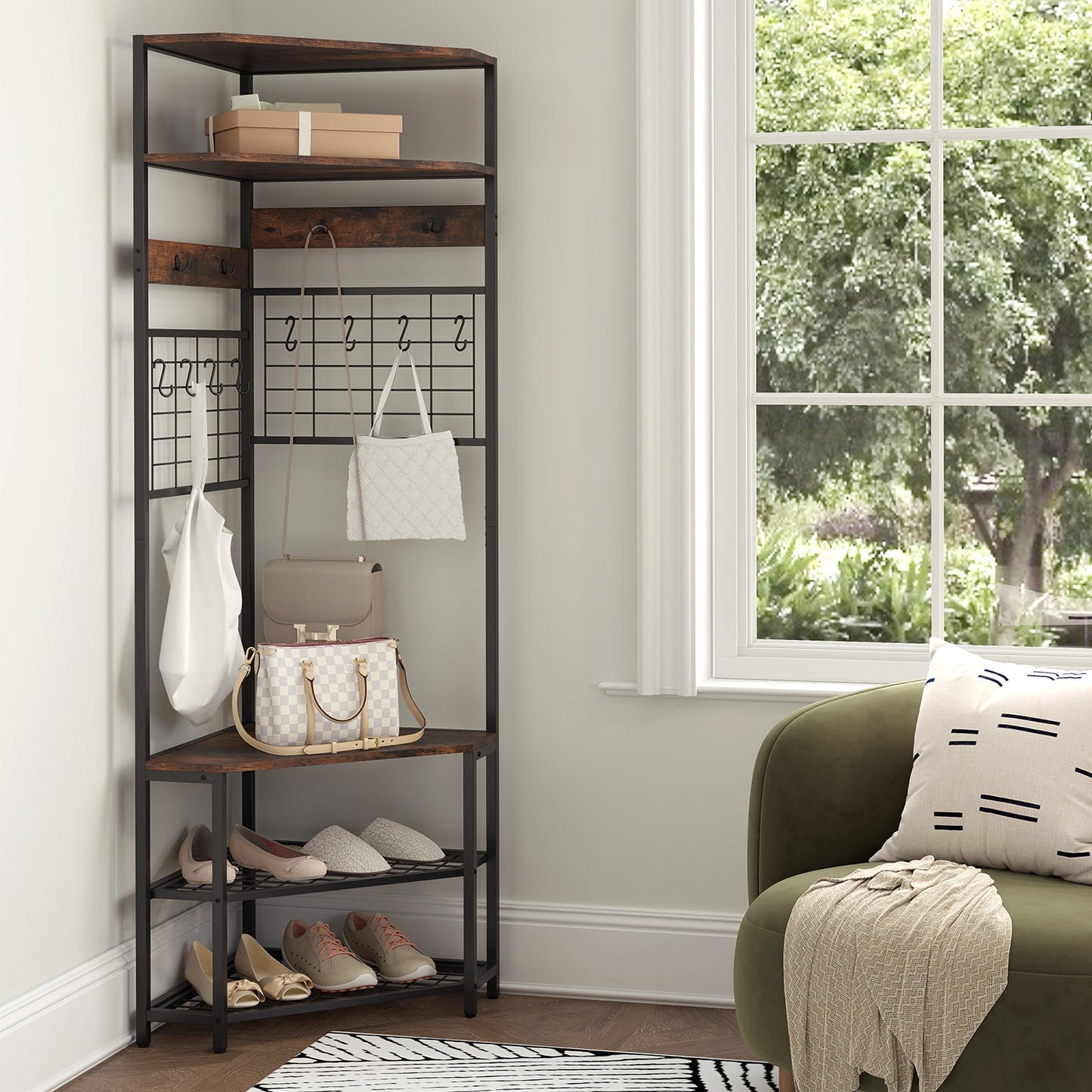 Corner Hall Tree 5-Tier Coat Rack with Shoe Storage Bench-Rustic Brown