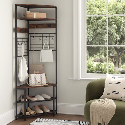 Corner Hall Tree 5-Tier Coat Rack with Shoe Storage Bench-Rustic Brown