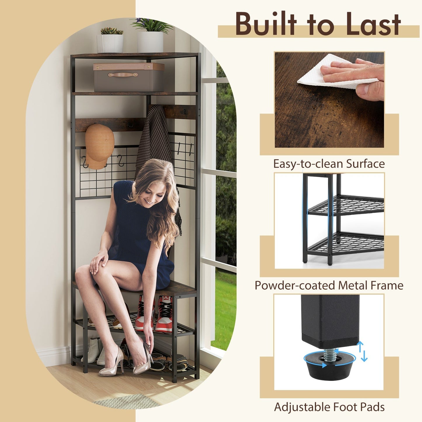 Corner Hall Tree 5-Tier Coat Rack with Shoe Storage Bench-Rustic Brown