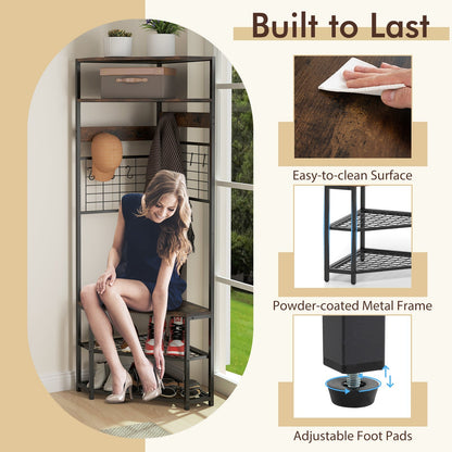 Corner Hall Tree 5-Tier Coat Rack with Shoe Storage Bench-Rustic Brown