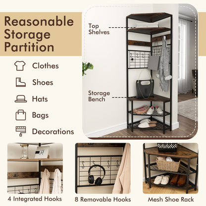 Corner Hall Tree 5-Tier Coat Rack with Shoe Storage Bench-Rustic Brown
