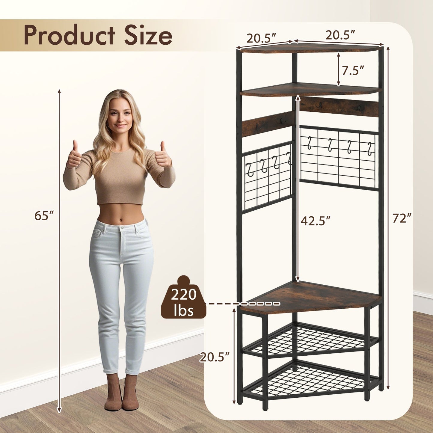 Corner Hall Tree 5-Tier Coat Rack with Shoe Storage Bench-Rustic Brown