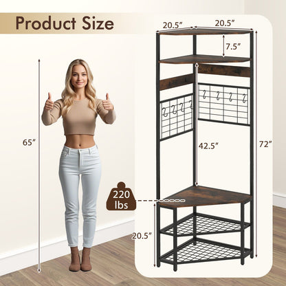 Corner Hall Tree 5-Tier Coat Rack with Shoe Storage Bench-Rustic Brown