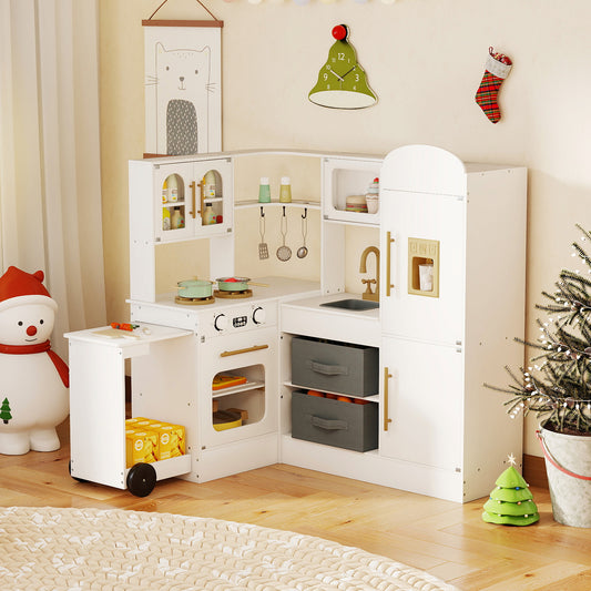 Corner Kitchen Playset Kids Pretend Play Kitchen with Pull-out Cart Fabric Bins-White