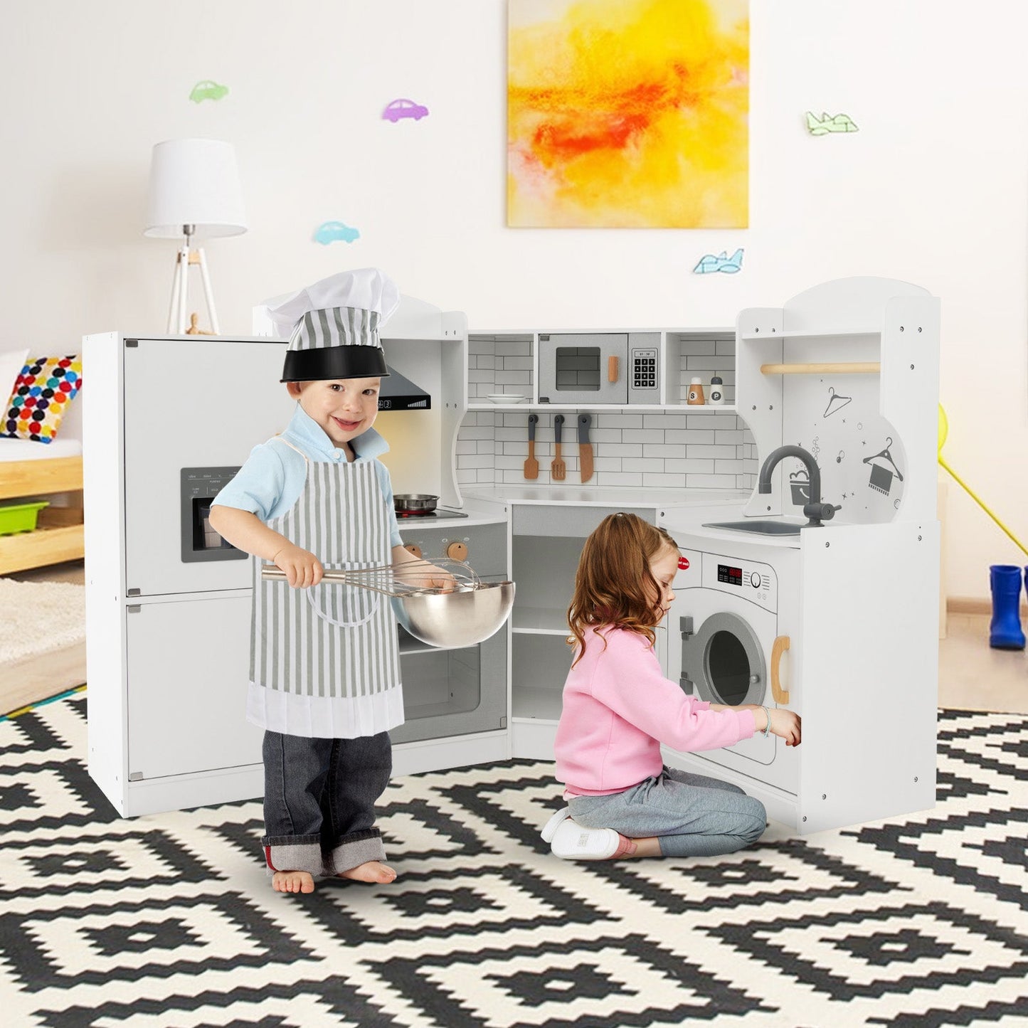 Wooden Corner Play Kitchen with Sounds and Lights for Kids