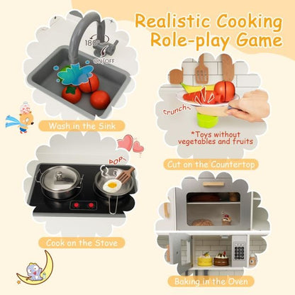 Wooden Corner Play Kitchen with Sounds and Lights for Kids