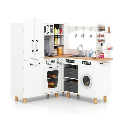 Wooden Corner Play Kitchen with Pine Wood Legs and Lights & Sounds-White