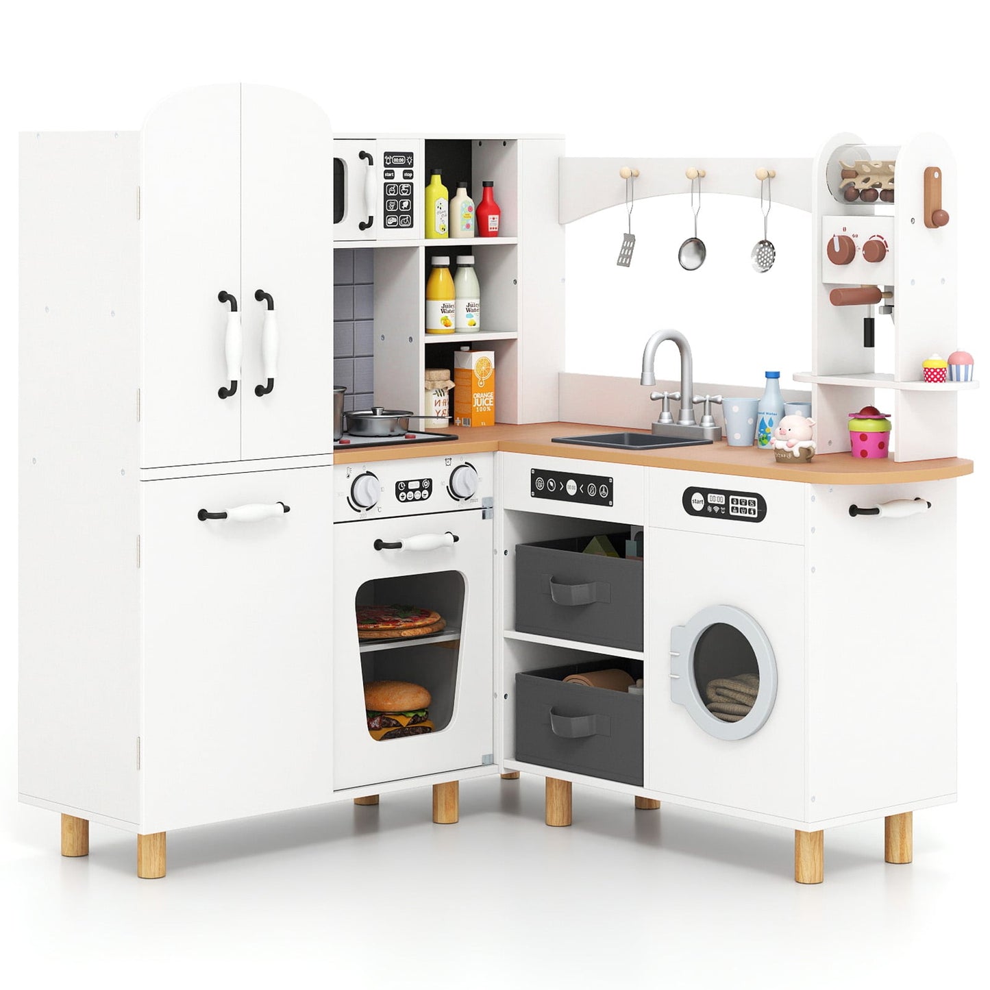 Wooden Corner Play Kitchen with Pine Wood Legs and Lights & Sounds-White