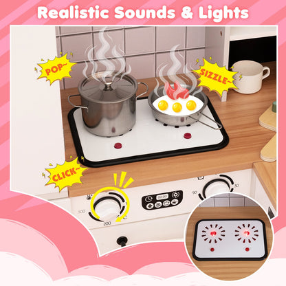 Wooden Corner Play Kitchen with Pine Wood Legs and Lights & Sounds-White