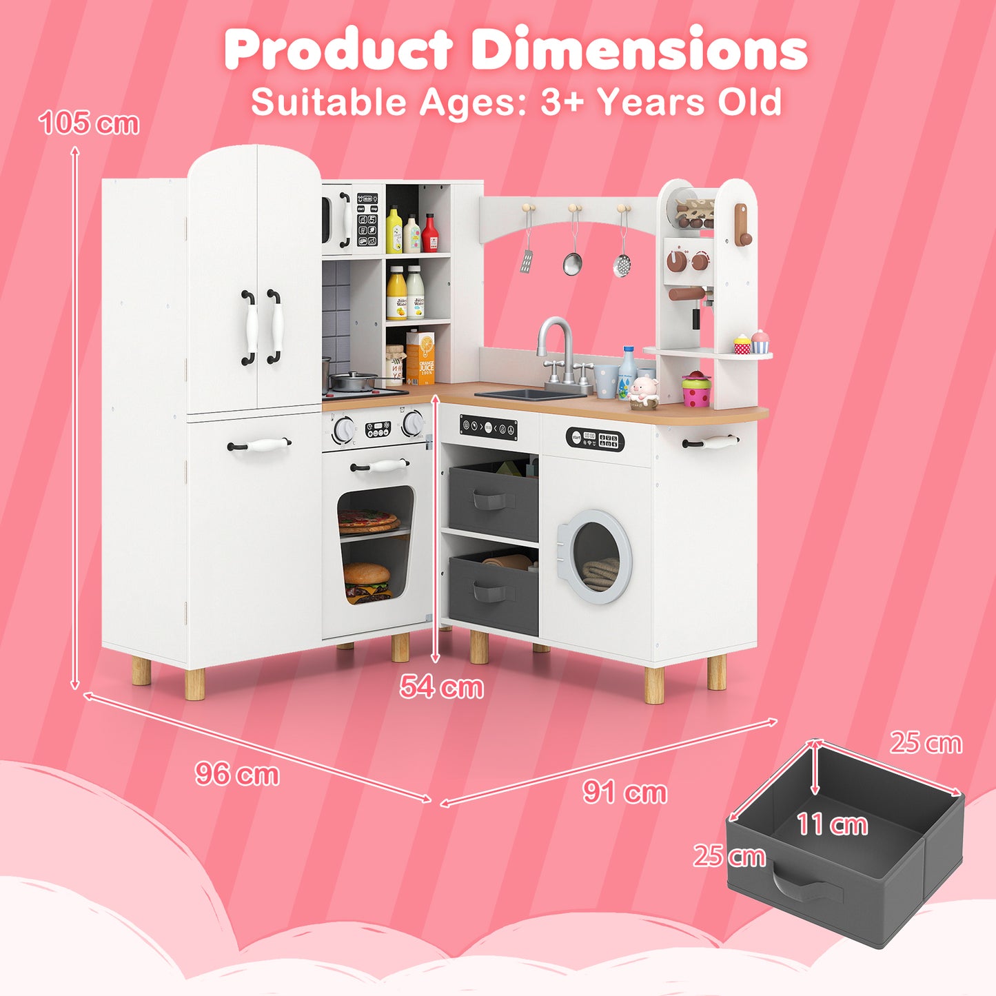 Wooden Corner Play Kitchen with Pine Wood Legs and Lights & Sounds-White