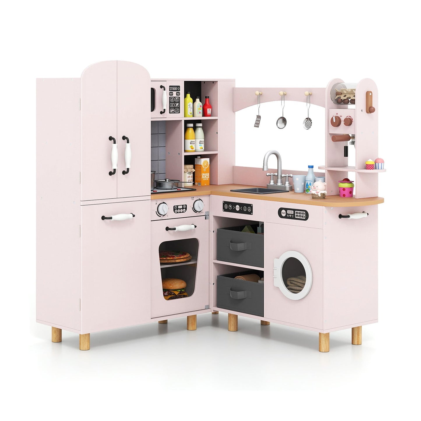 Wooden Corner Play Kitchen with Pine Wood Legs and Lights & Sounds-Pink