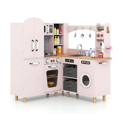 Wooden Corner Play Kitchen with Pine Wood Legs and Lights & Sounds-Pink