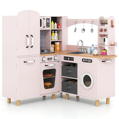 Wooden Corner Play Kitchen with Pine Wood Legs and Lights & Sounds-Pink