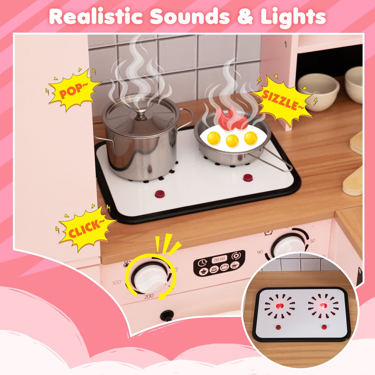 Wooden Corner Play Kitchen with Pine Wood Legs and Lights & Sounds-Pink