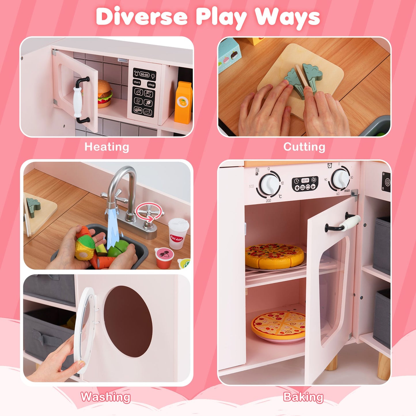 Wooden Corner Play Kitchen with Pine Wood Legs and Lights & Sounds-Pink