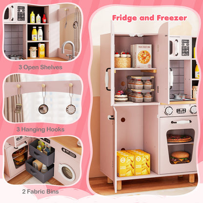 Wooden Corner Play Kitchen with Pine Wood Legs and Lights & Sounds-Pink