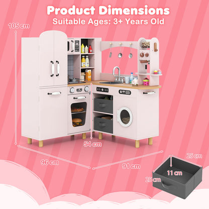 Wooden Corner Play Kitchen with Pine Wood Legs and Lights & Sounds-Pink