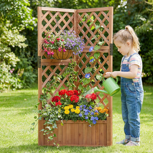 Corner Raised Garden Bed with Lattice Trellises Drainage Holes-Brown