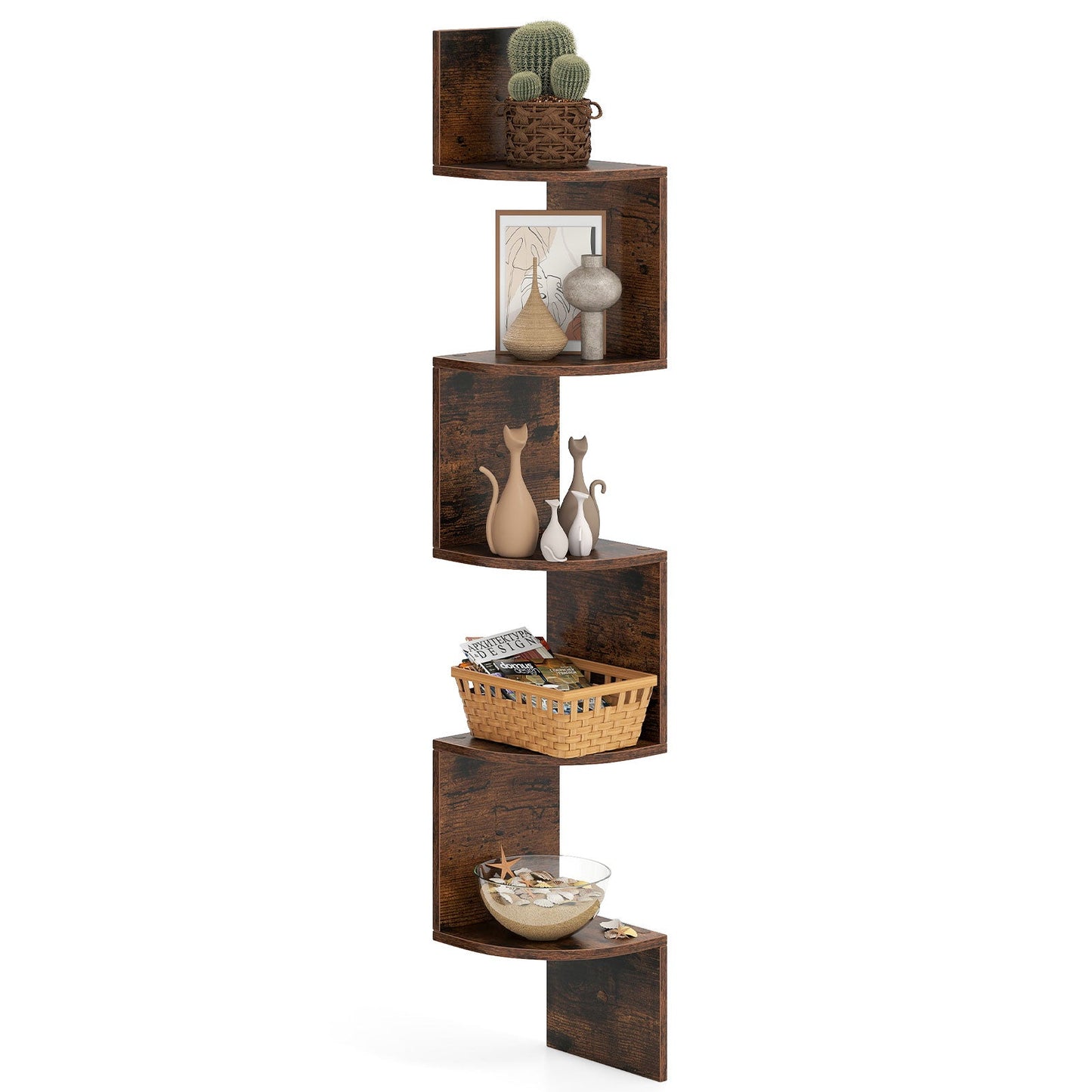 5-Tier Corner Shelf Wall Mount Floating Corner Bookshelf Corner Ladder Shelf-Rustic Brown