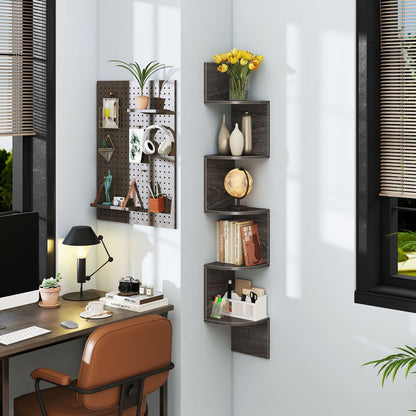 5-Tier Corner Shelf Wall Mount Floating Corner Bookshelf Corner Ladder Shelf-Grey