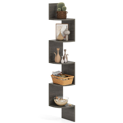 5-Tier Corner Shelf Wall Mount Floating Corner Bookshelf Corner Ladder Shelf-Grey