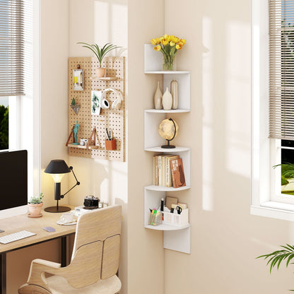 5-Tier Corner Shelf Wall Mount Floating Corner Bookshelf Corner Ladder Shelf-White