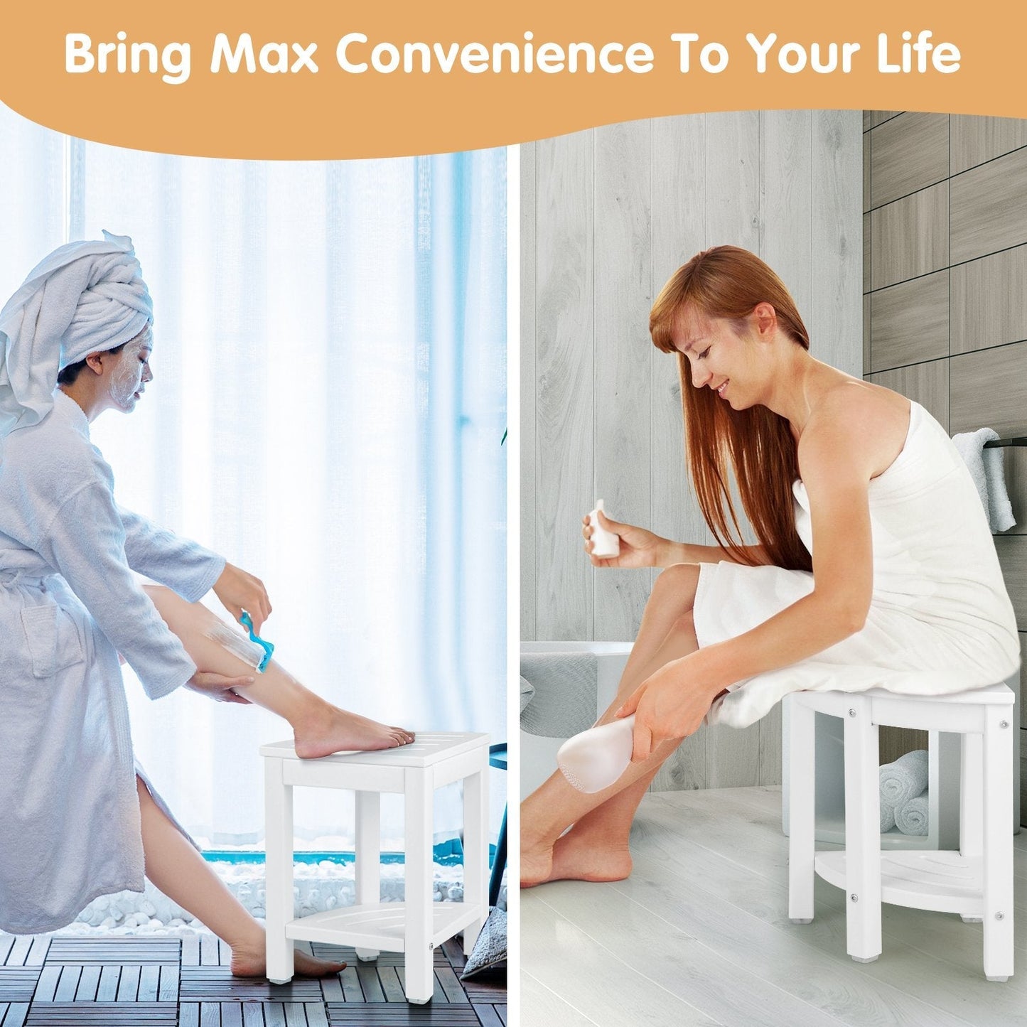 Waterproof Corner Shower Bench Stool with Storage Shelf for Shaving Legs-White