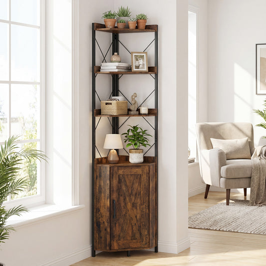 6-Tier Corner Storage Shelf with Door and Raised Edge Protection-Rustic Brown