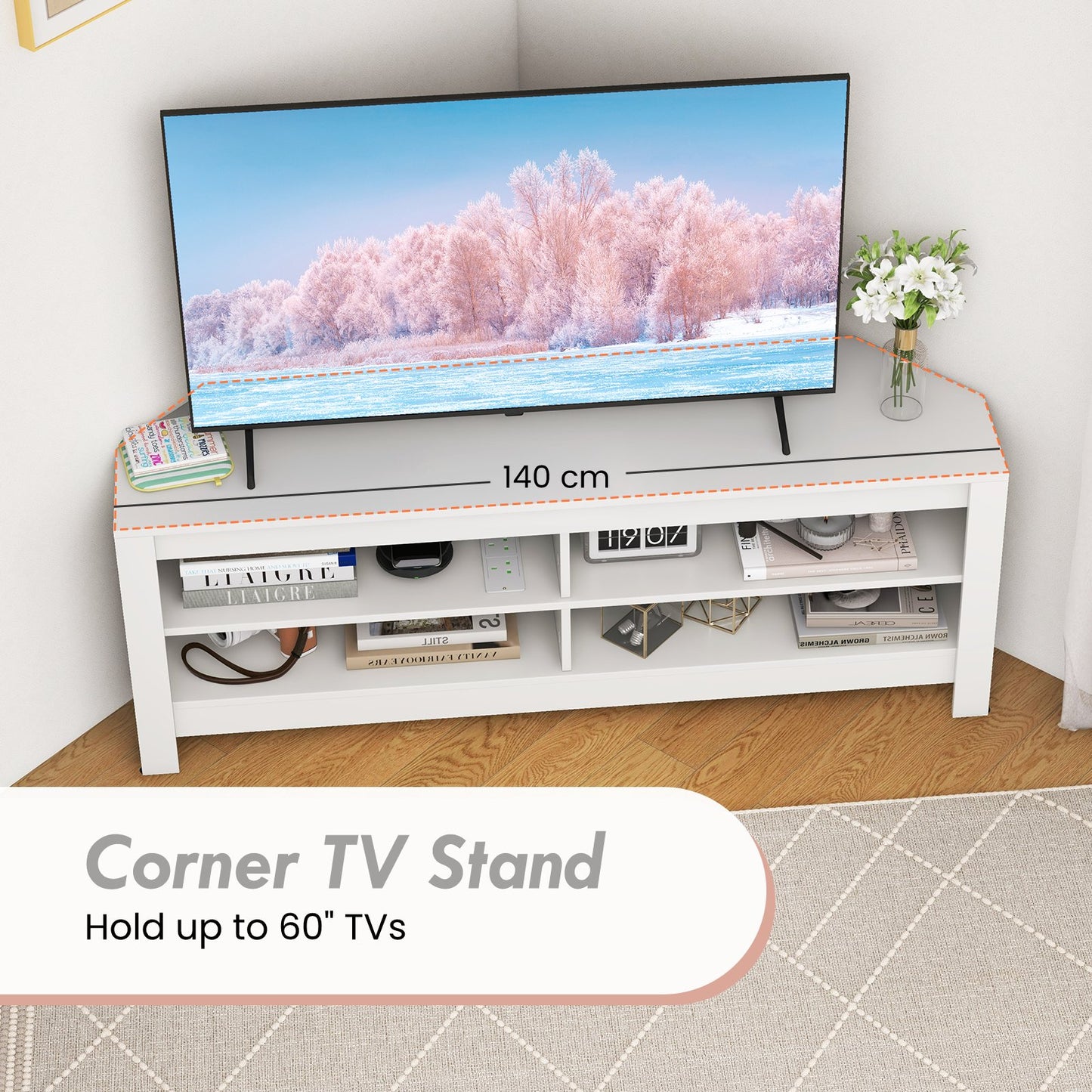 Corner TV Stand with Power Outlet and 4 Open Storage Shelves-White