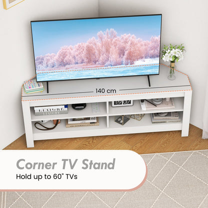 Corner TV Stand with Power Outlet and 4 Open Storage Shelves-White