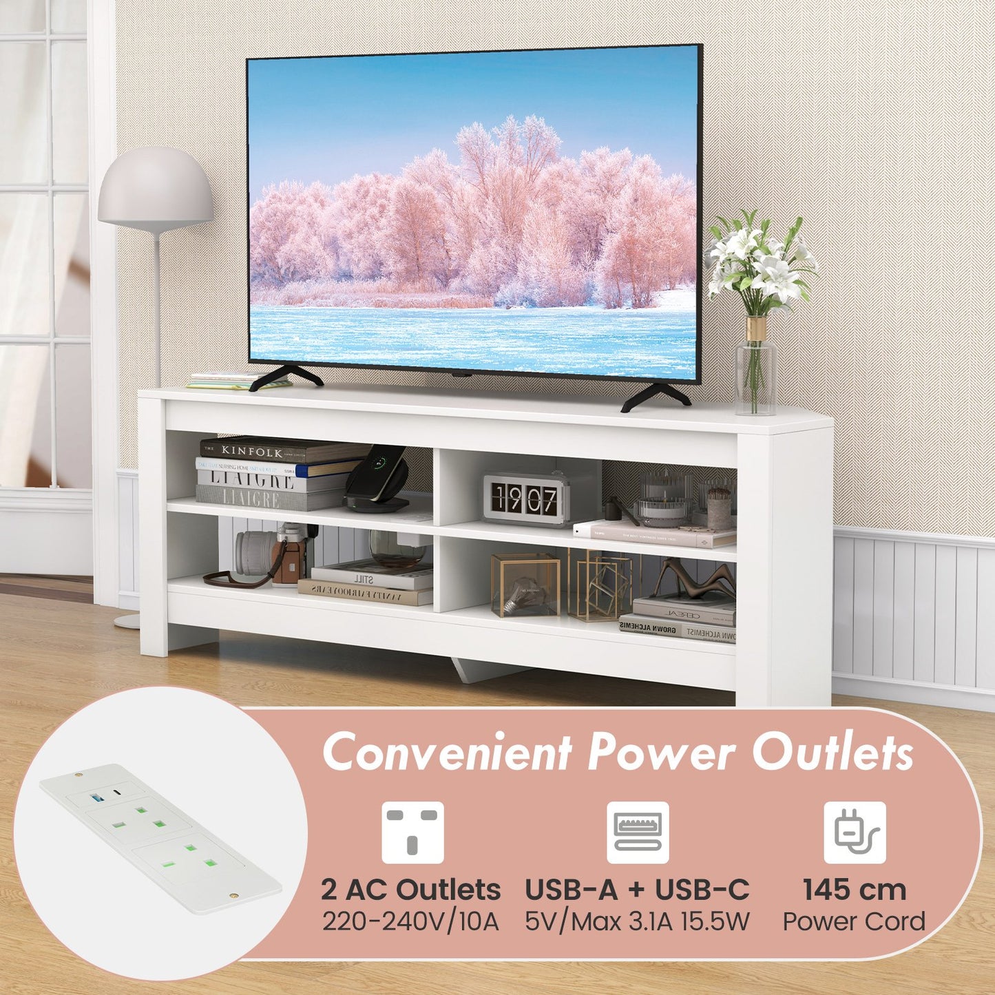 Corner TV Stand with Power Outlet and 4 Open Storage Shelves-White
