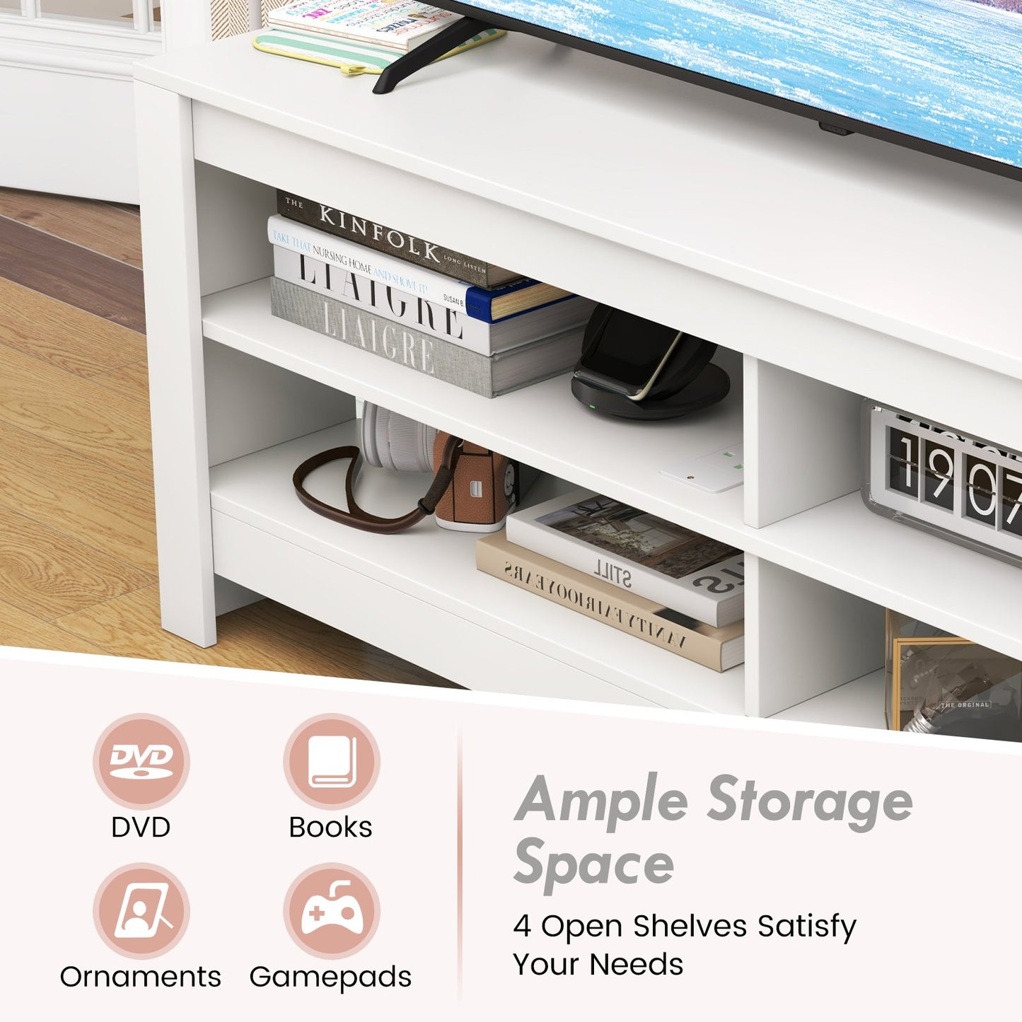 Corner TV Stand with Power Outlet and 4 Open Storage Shelves-White