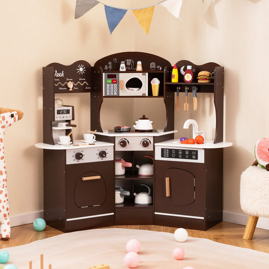 Kids Corner Wooden Play Kitchen with Coffee Machine Slide Microwave-Brown