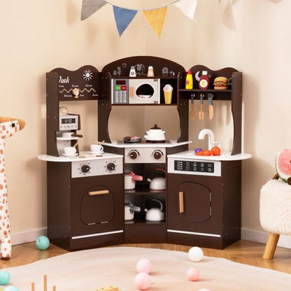 Corner Wooden Play Kitchen with Lights Sounds and Accessories-Coffee