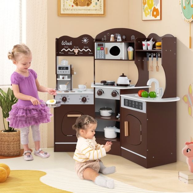 Corner Wooden Play Kitchen with Lights Sounds and Accessories-Coffee