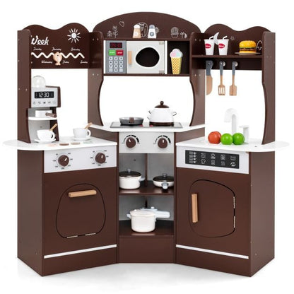 Corner Wooden Play Kitchen with Lights Sounds and Accessories-Coffee