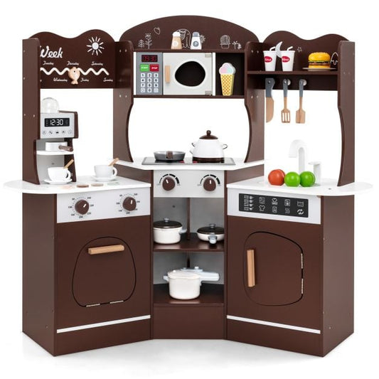 Corner Wooden Play Kitchen with Lights Sounds and Accessories-Coffee