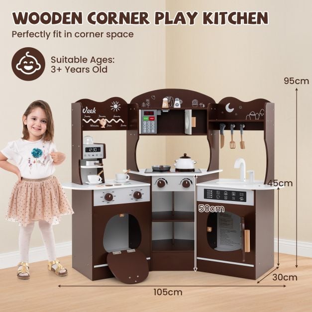 Corner Wooden Play Kitchen with Lights Sounds and Accessories-Coffee