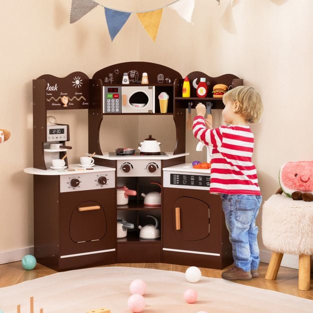 Corner Wooden Play Kitchen with Lights Sounds and Accessories-Coffee