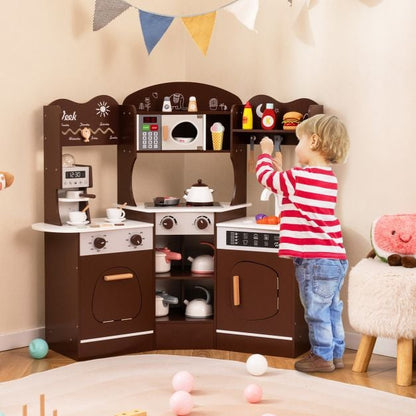 Corner Wooden Play Kitchen with Lights Sounds and Accessories-Coffee