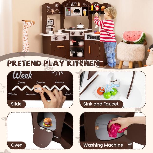 Corner Wooden Play Kitchen with Lights Sounds and Accessories-Coffee