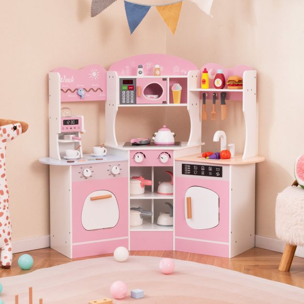 Corner Wooden Play Kitchen with Lights Sounds and Accessories-Pink