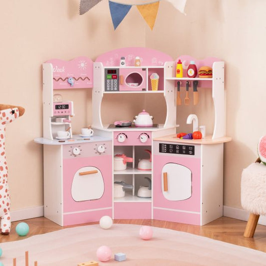 Corner Wooden Play Kitchen with Lights Sounds and Accessories-Pink