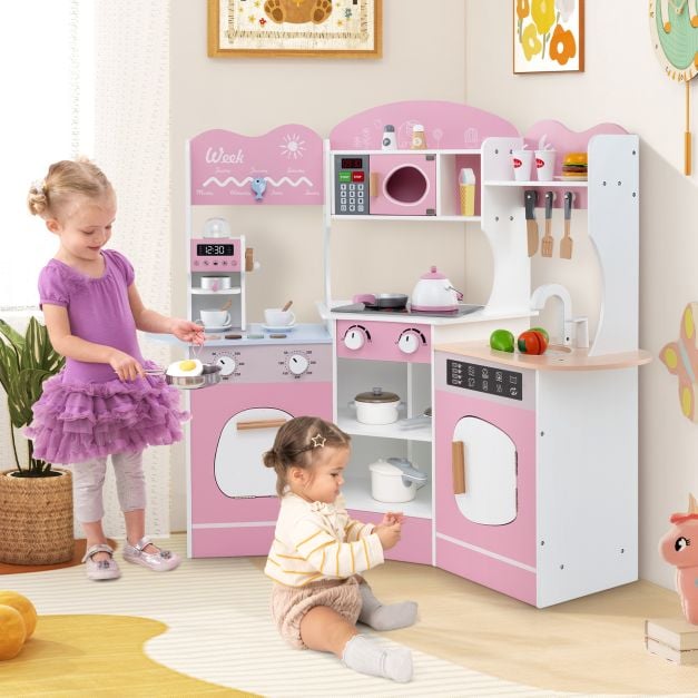 Corner Wooden Play Kitchen with Lights Sounds and Accessories-Pink