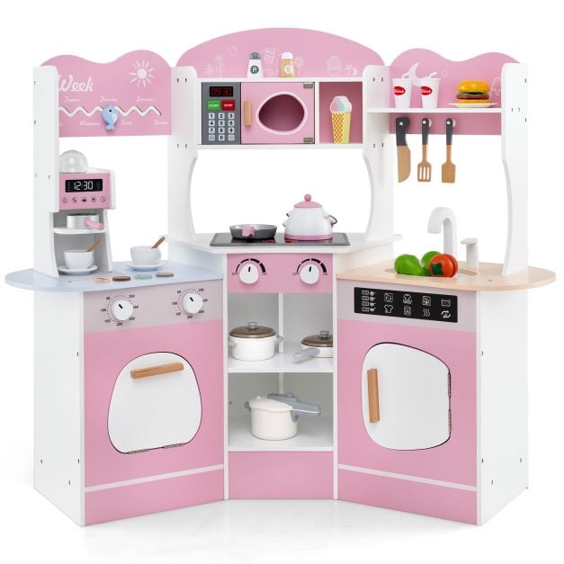 Corner Wooden Play Kitchen with Lights Sounds and Accessories-Pink