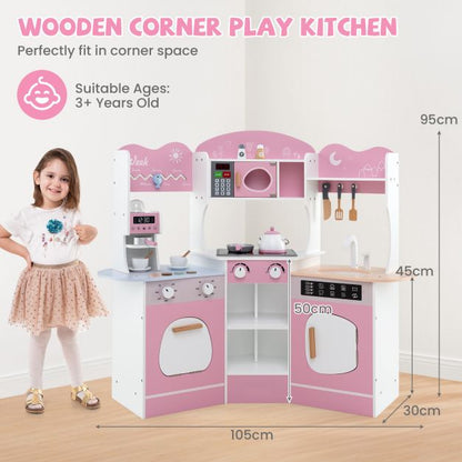 Corner Wooden Play Kitchen with Lights Sounds and Accessories-Pink