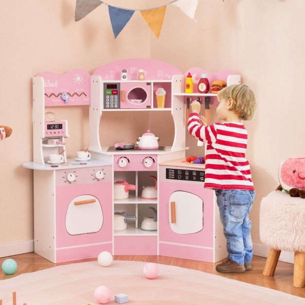 Corner Wooden Play Kitchen with Lights Sounds and Accessories-Pink