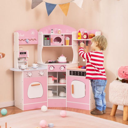 Corner Wooden Play Kitchen with Lights Sounds and Accessories-Pink