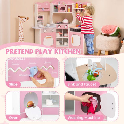 Corner Wooden Play Kitchen with Lights Sounds and Accessories-Pink